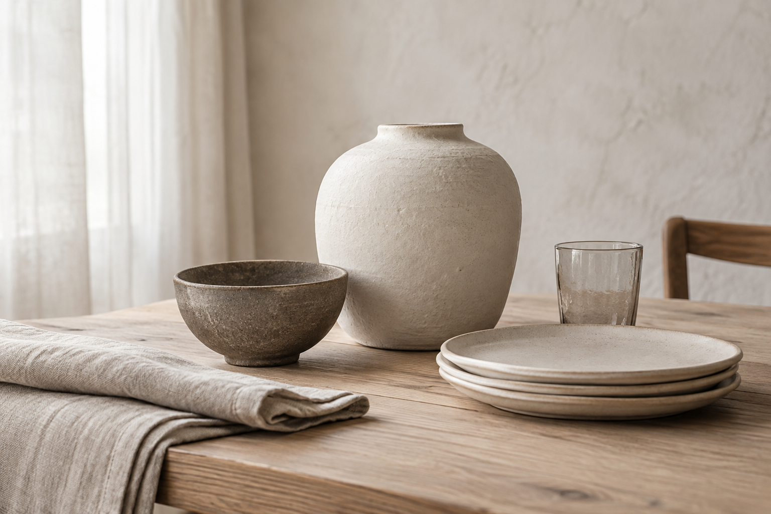 Illustrative ceramic tableware and textured linens in a natural setting